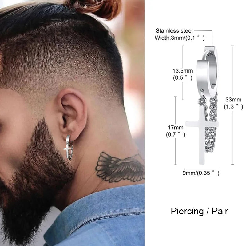 Stainless Steel Cross Double Chain Huggie Hoops Earring Pair for Men Women Earrings lifestyle view