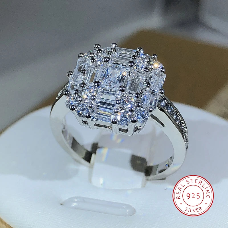 Exquisite Square Zircon Countless Claw Rings 925 Sterling Silver For Ladies Fashion Jewelry Party Co