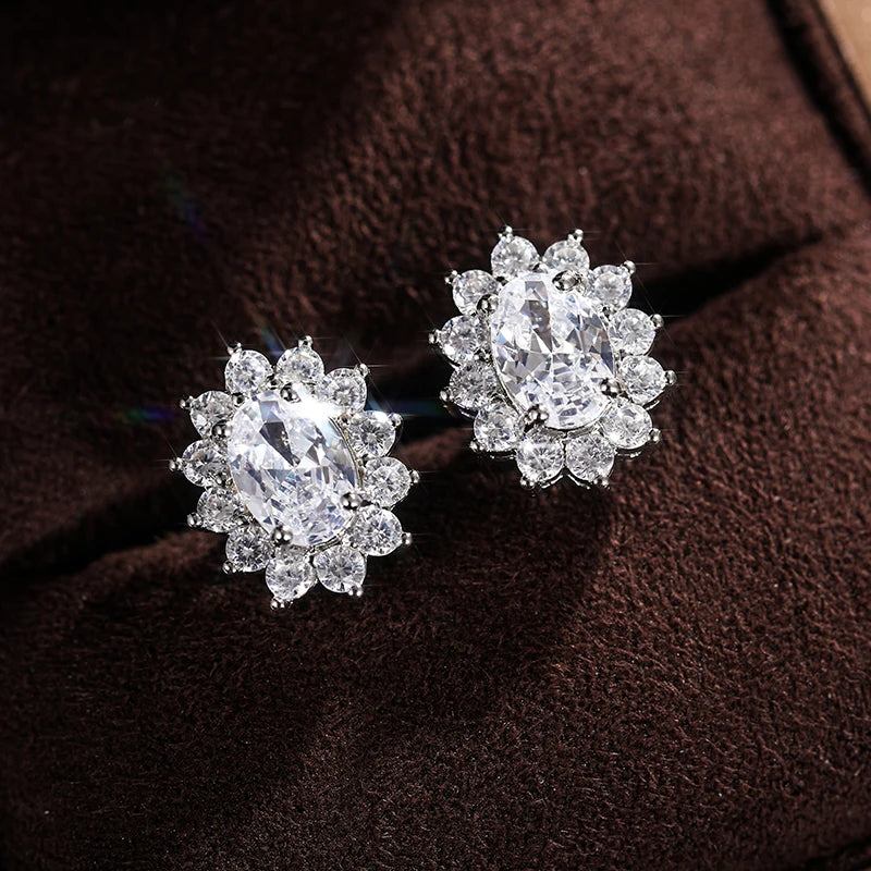Huitan Fashion Sunflower Shape Stud Earrings Women Brilliant Oval Cubic Zirconia Luxur close-up view