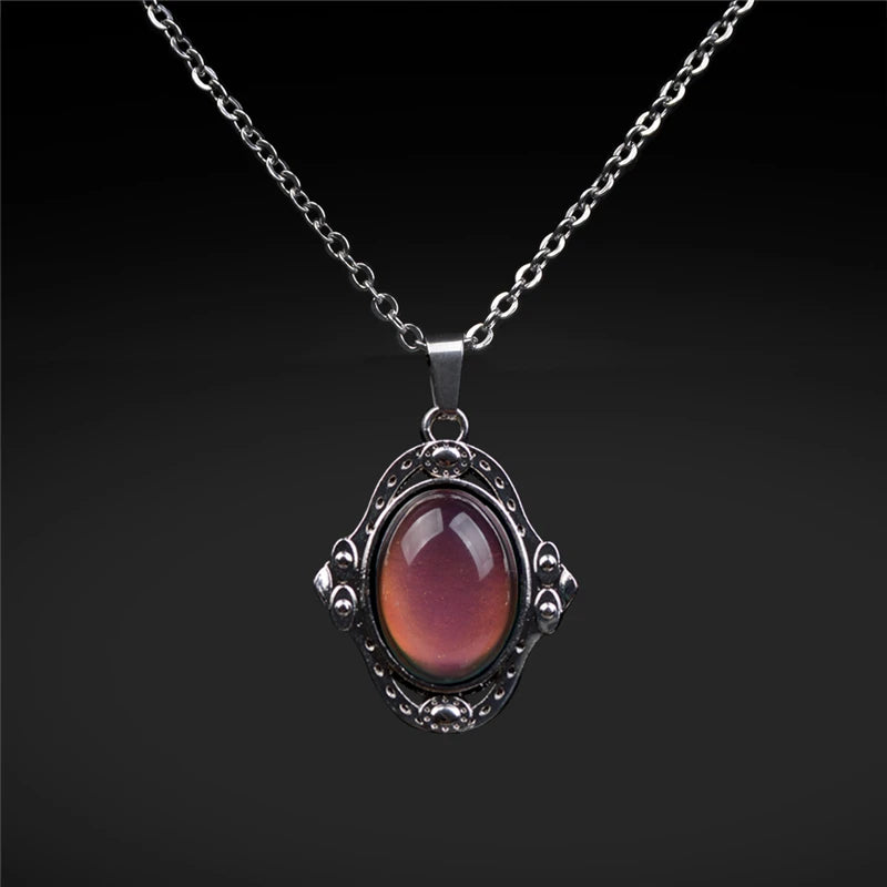 Mood Color Change Necklace | Retro Palace Elliptic Pendant with Stainless Steel Chain close-up view