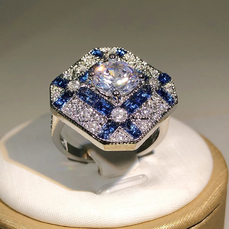 925 Silver Luxury Geometry Big Rings For Men Women Blue White Zircon Engagement Rin additional angle