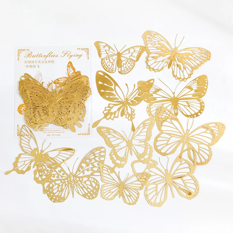 Yoofun 10pcs Vintage Gliding Stickers | Gold Flower Butterfly Lace Scrapbook Paper close-up view