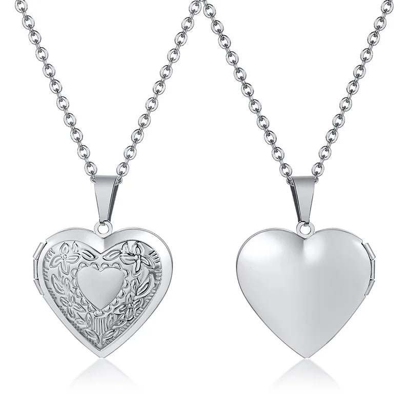 Delicate Floral Oval Heart Locket Pendant Necklaces for Women,Stainless Steel Photo additional angle
