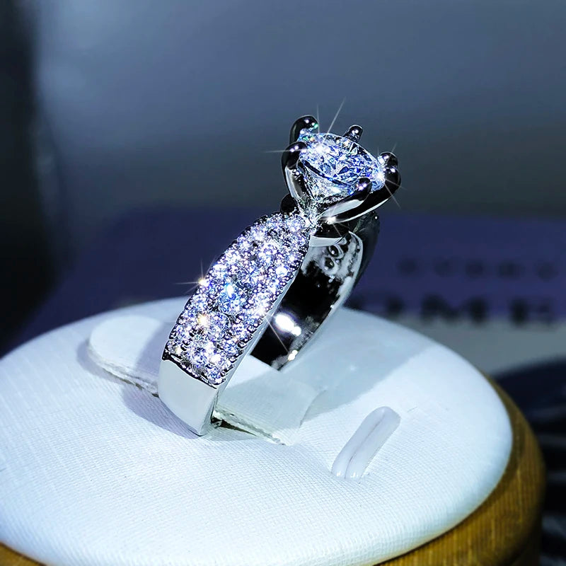 925 Sterling Silver Luxury Sparkling Six-Claw White Zircon Ring For Ladies Party Rece alternate view
