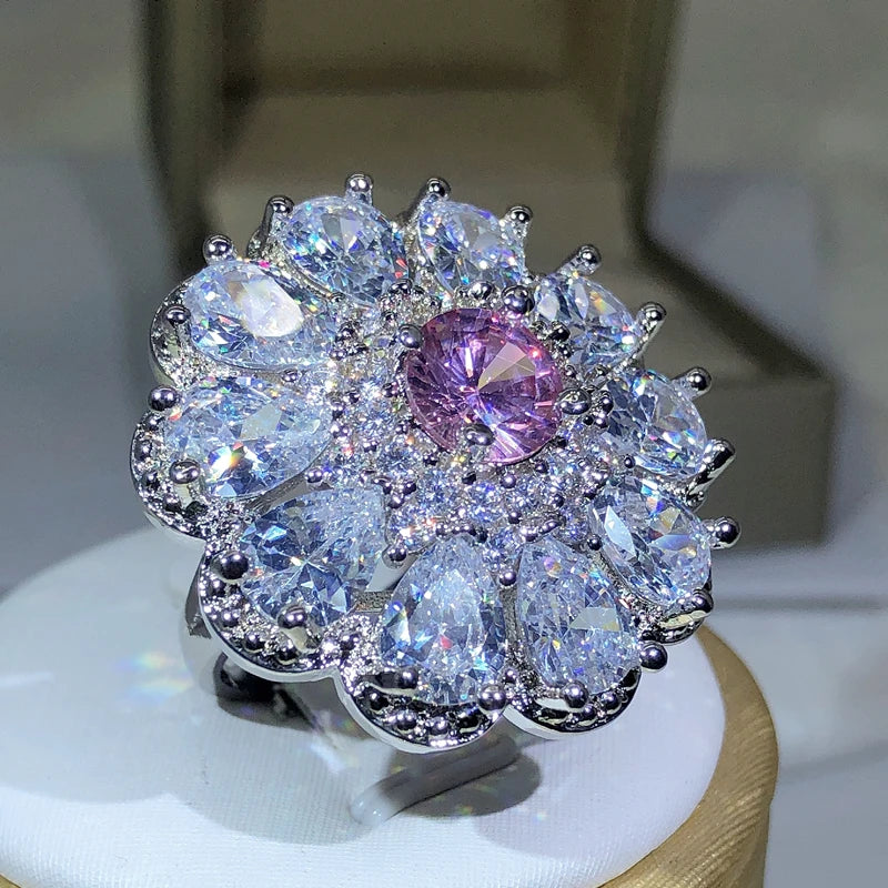 925 Silver Trendy Luxury Jewelry Ladies Shiny White Zirconia Crystal Flower Female Ri lifestyle view