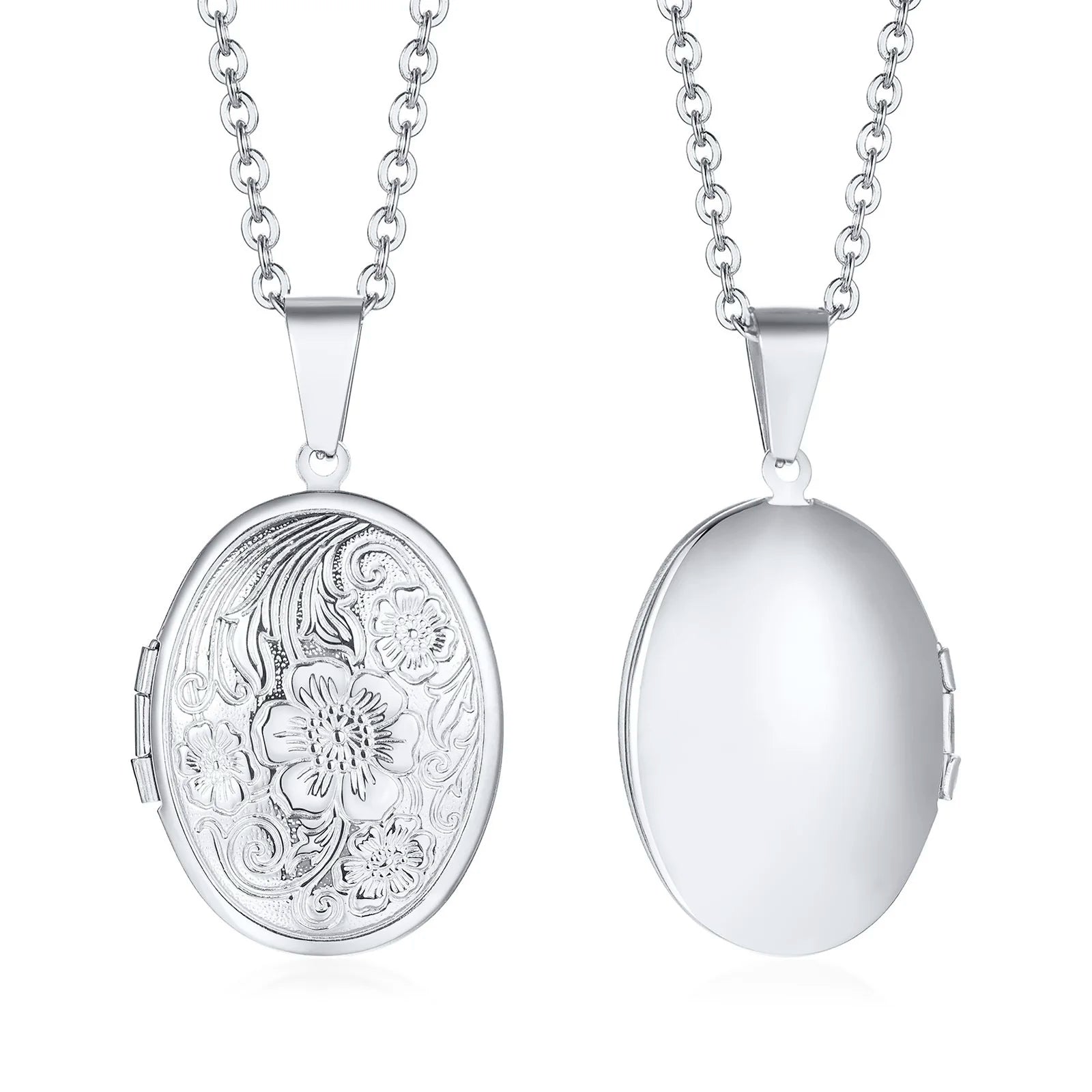 Delicate Floral Oval Heart Locket Pendant Necklaces for Women,Stainless Steel Photo F lifestyle view