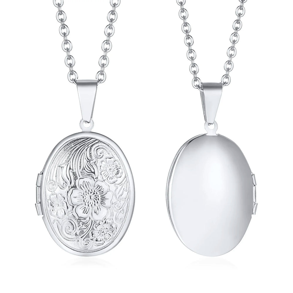 Delicate Floral Oval Heart Locket Pendant Necklaces for Women,Stainless Steel Photo F lifestyle view