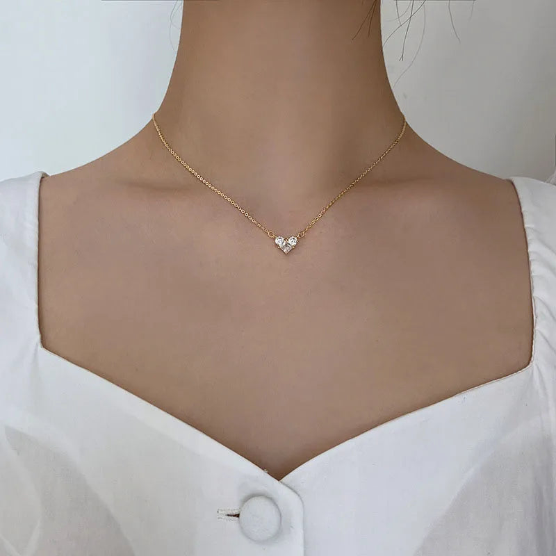 Silver Color Zircon Heart Necklace | Women's Shiny Clavicle Chain Jewelry detail view