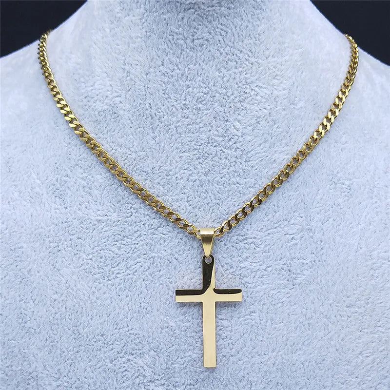 Gold Stainless Steel Cross Pendant Necklace | Hip Hop Jesus Chain Jewelry for Men Women detail view