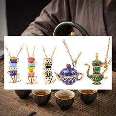 Enamel Tea Cup Pendant Necklace | Trendy Long Chain Jewelry