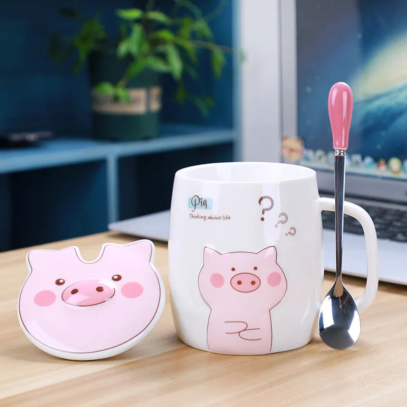 500mL Ceramics Cute Pig Mug with Lid Spoon Coffee Milk Tea Cup Water Drinking Glasses Tu detail view
