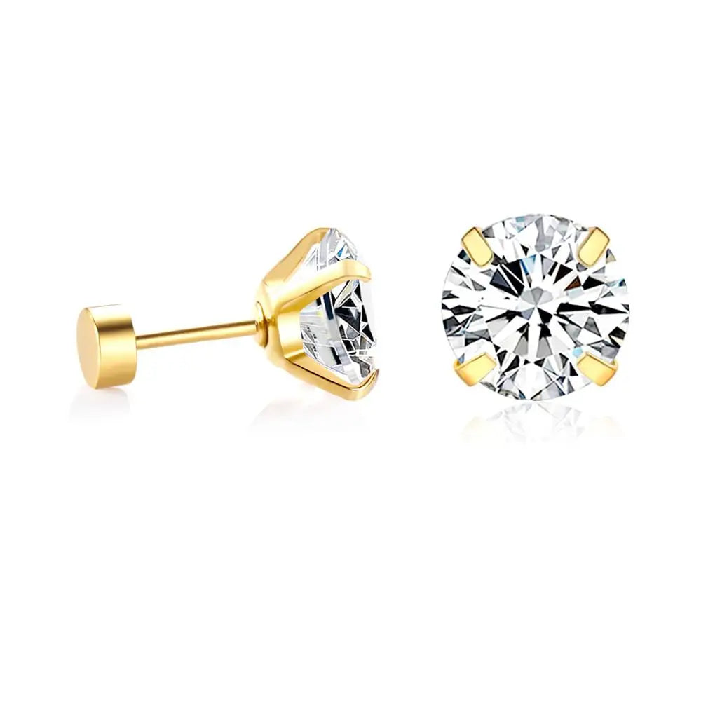 Crystal Round Stud Earrings for Men | Surgical Steel Screw Back Earrings close-up view