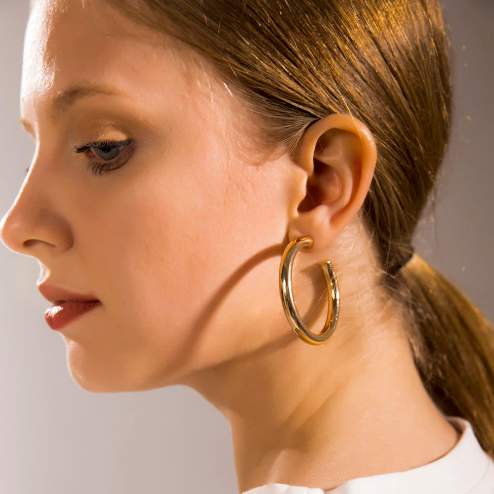 Big Round Stainless Steel Hoop Earrings | Minimalist Gold Circle Earrings for Women a alternate view
