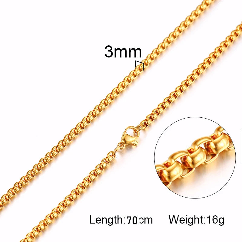 Round Box Chain Necklace for Men | Stainless Steel Link Chain in Gold, Silver, or Blac close-up view