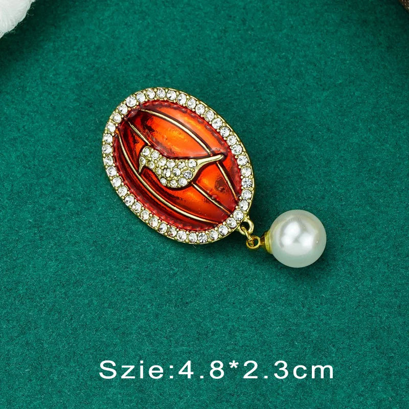 Vintage Palace Plant Flower Baroque Brooch Red Enamel Pearl Brooch Pin Woman Party Accessories