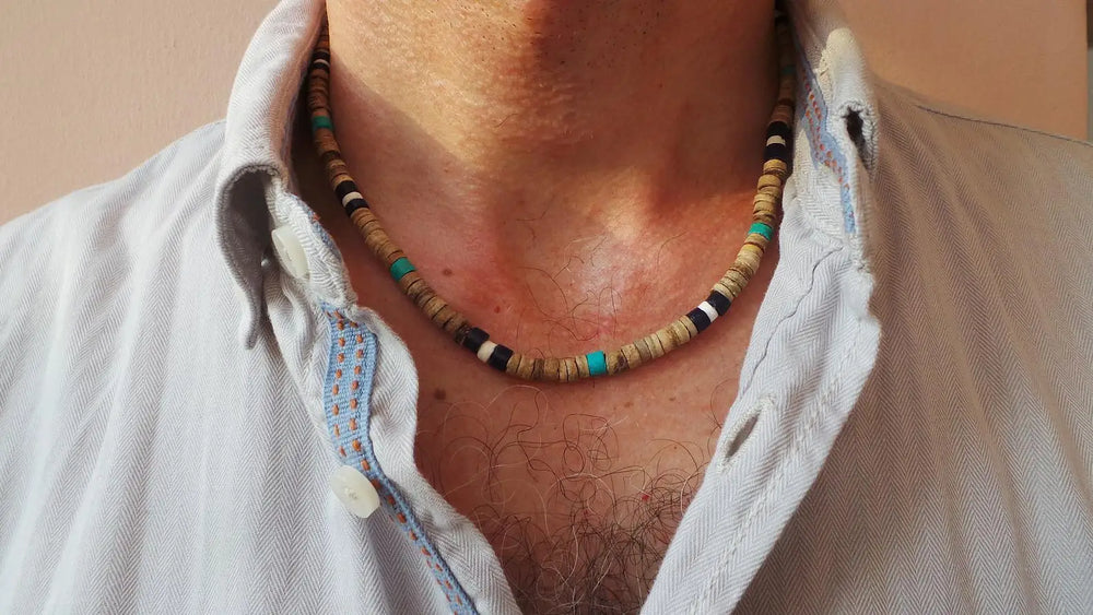 Men's Beaded Wood Beach Necklace | African Inspired Surfer Jewelry additional angle