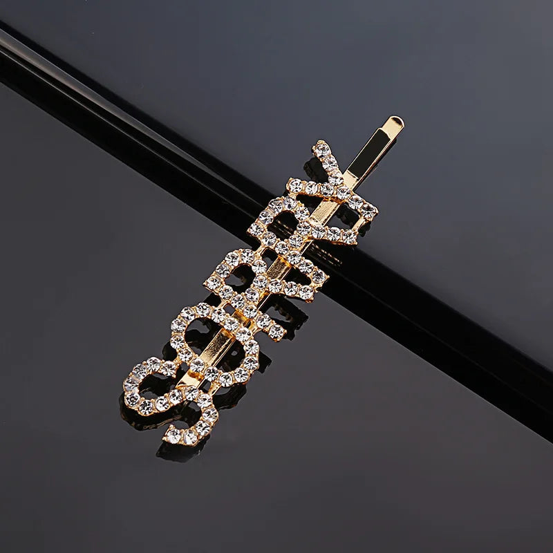 Simple Letter Rhinestone Hairpins Women Hair Clips Pins Barrettes Accessories For Wome close-up view