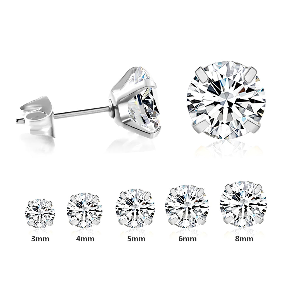 LUXUSTEEL Stainless Steel Round Cubic Zirconia Stud Earrings | Silver Screw-Back Ea additional angle