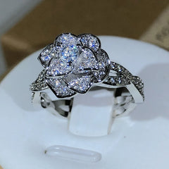 925 Sterling Silver InterTwined Three-Dimensional Rose Ring White Zircon Full Diamond Ri detail view