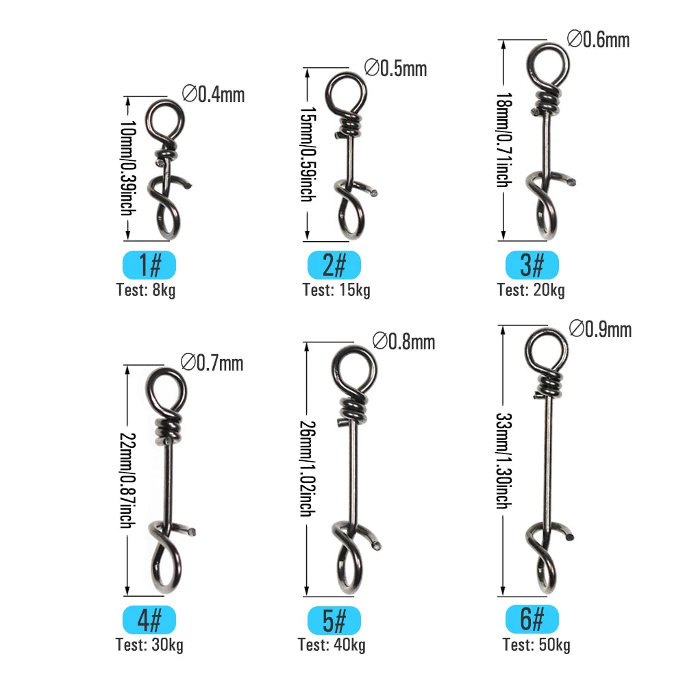 ICERIO 50PCS Stainless Steel Fly Twist Clips Quick Lock Snap Spring Clamp Buckle Swimbait Lure Fishing Connector