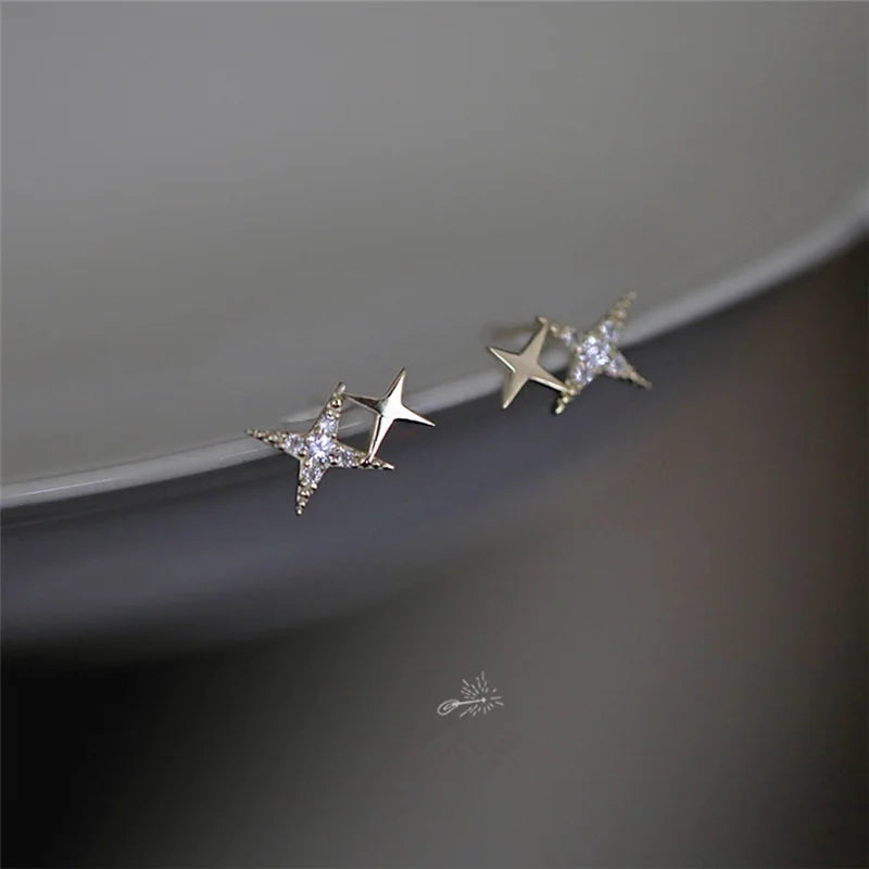 925 Sterling Silver Micro Inlaid Crystal Four-Pointed Star Plating 14k Gold Earring additional angle