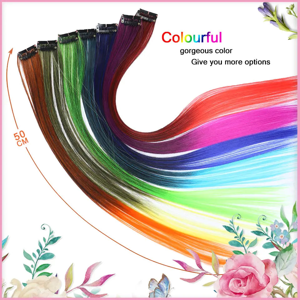 Clip In Rainbow Highlight Hair Extensions | Pink Synthetic Hair Strands close-up view