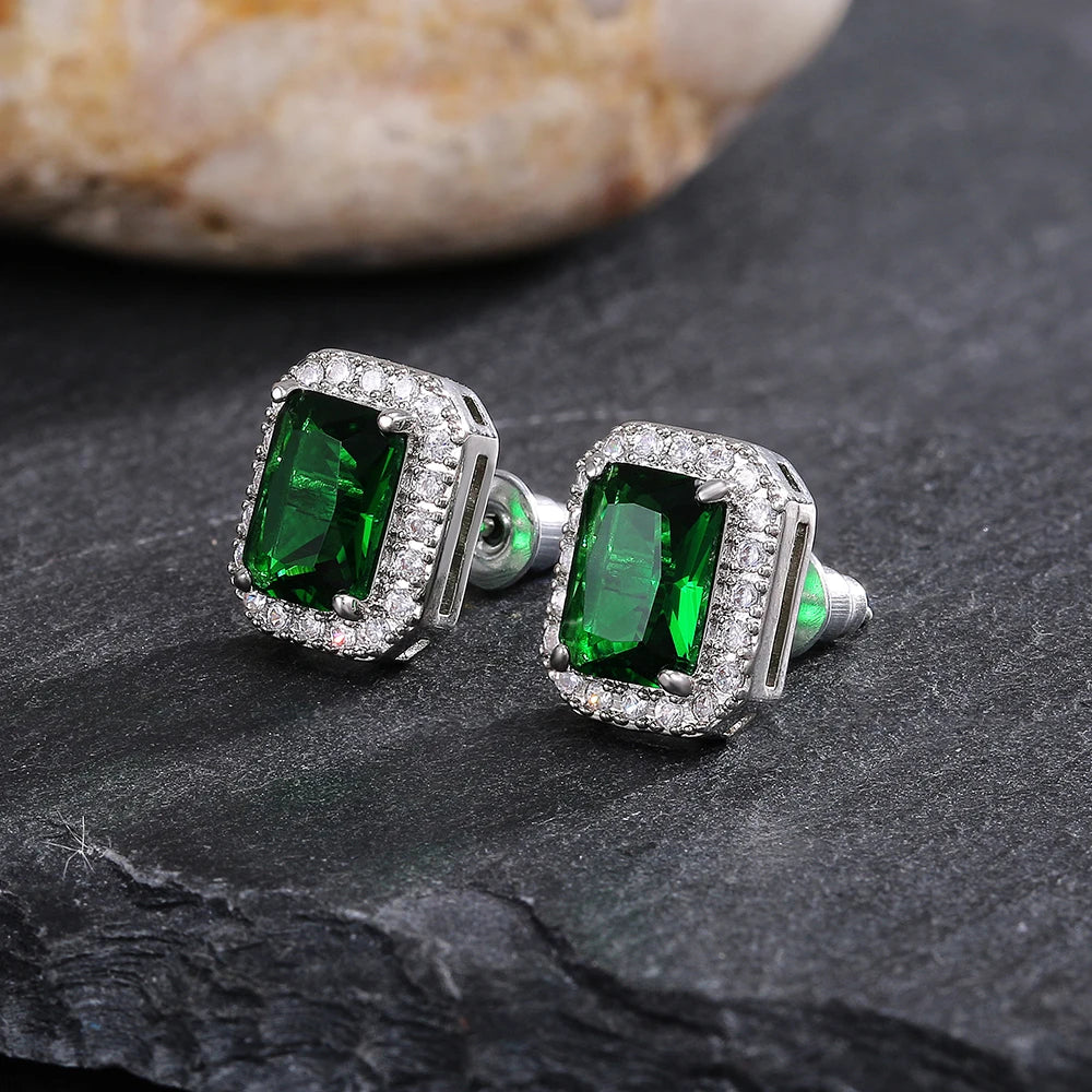 Huitan Rectangle/Square Green Cubic Zircon Stud Earrings Women Elegant Party Access additional angle