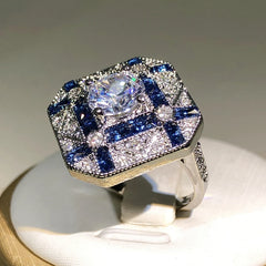 925 Silver Luxury Geometry Big Rings For Men Women Blue White Zircon Engagement Ring B close-up view