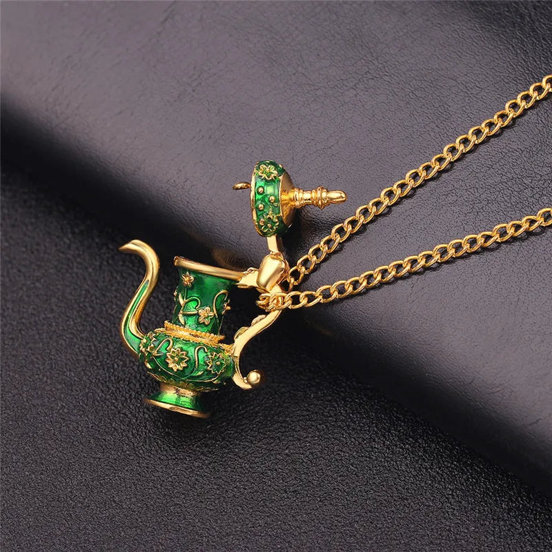 Enamel Tea Cup Pendant Necklace | Trendy Long Chain Jewelry detail view