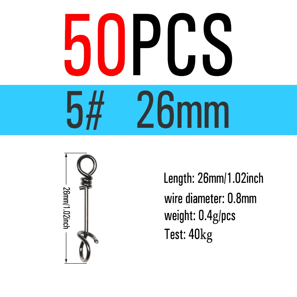ICERIO 50PCS Stainless Steel Fly Twist Clips Quick Lock Snap Spring Clamp Buckle Swimbait Lure Fishing Connector