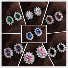 Huitan Full Zircon Stud Earrings for Women Blue/Purple/Red/Pink/Black/White/Green Oval CZ Wedding Trend Female Luxury Jewelry
