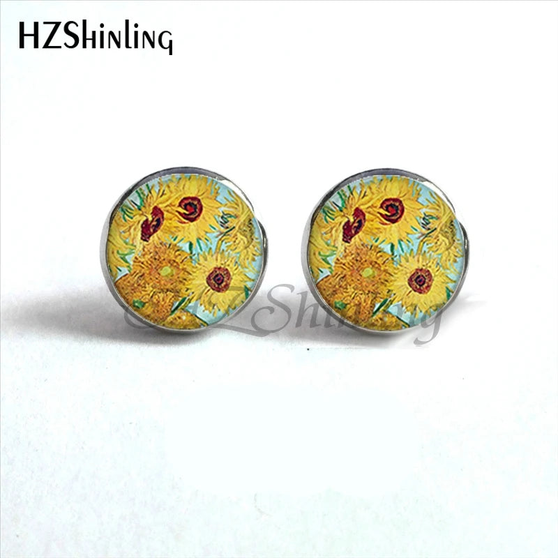 NES-001 Van Gogh Painting Stud Earrings The Starry Night Ear Studs Van Gogh Sunflowers R detail view