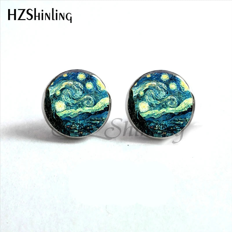 NES-001 Van Gogh Painting Stud Earrings The Starry Night Ear Studs Van Gogh Sunflowers R detail view
