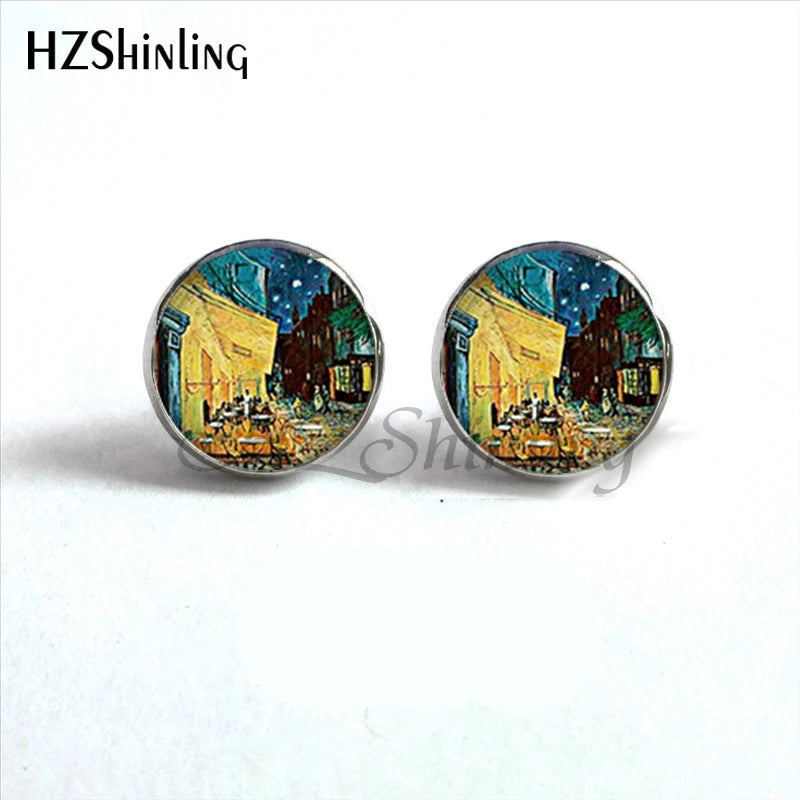 NES-001 Van Gogh Painting Stud Earrings The Starry Night Ear Studs Van Gogh Sunflowers R detail view
