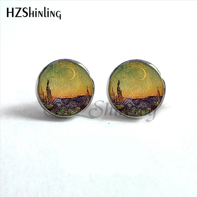 NES-001 Van Gogh Painting Stud Earrings The Starry Night Ear Studs Van Gogh Sunflow additional angle