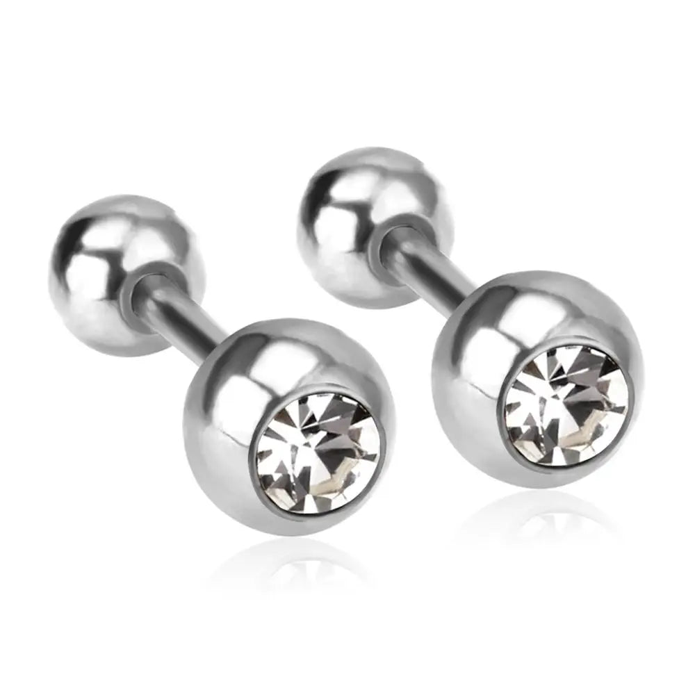 LUXUSTEEL White Black Crystal Earrings | Stainless Steel Round CZ Studs with Screw Back detail view