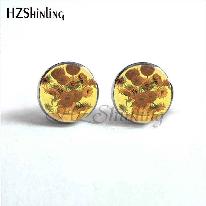 NES-001 Van Gogh Painting Stud Earrings The Starry Night Ear Studs Van Gogh Sunflower lifestyle view