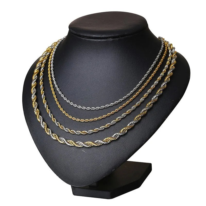 Stainless Steel Rope Chain Necklace | Gold Twisted Wave Link Choker close-up view