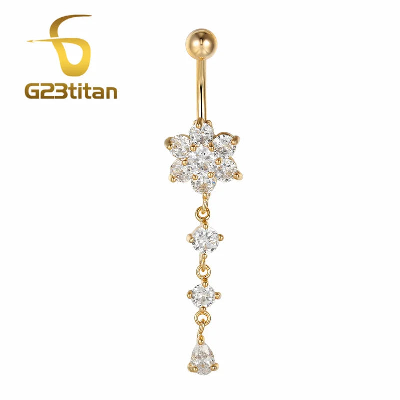 Gold Color Dangle Navel Earring for Women Zircon Pendant Belly Button Ring 14G Surg additional angle