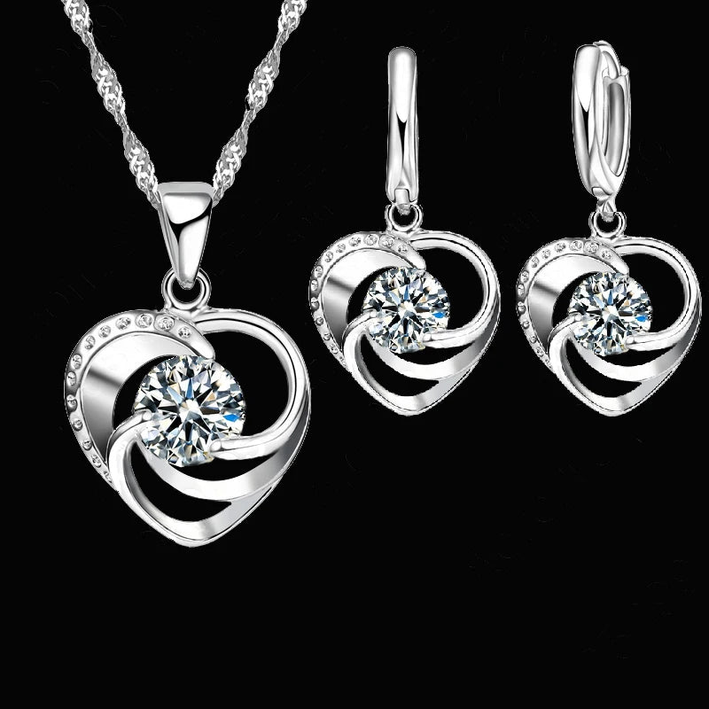 925 Sterling Silver Stamped Necklace Earrings Set Long Chain Sweet Romantic Style Lov alternate view