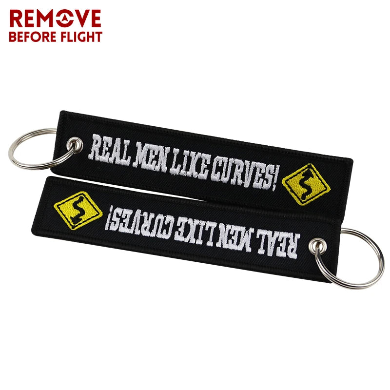 Motorcycle Keychain with Embroidery | Real Men Like Curves Keyring close-up view