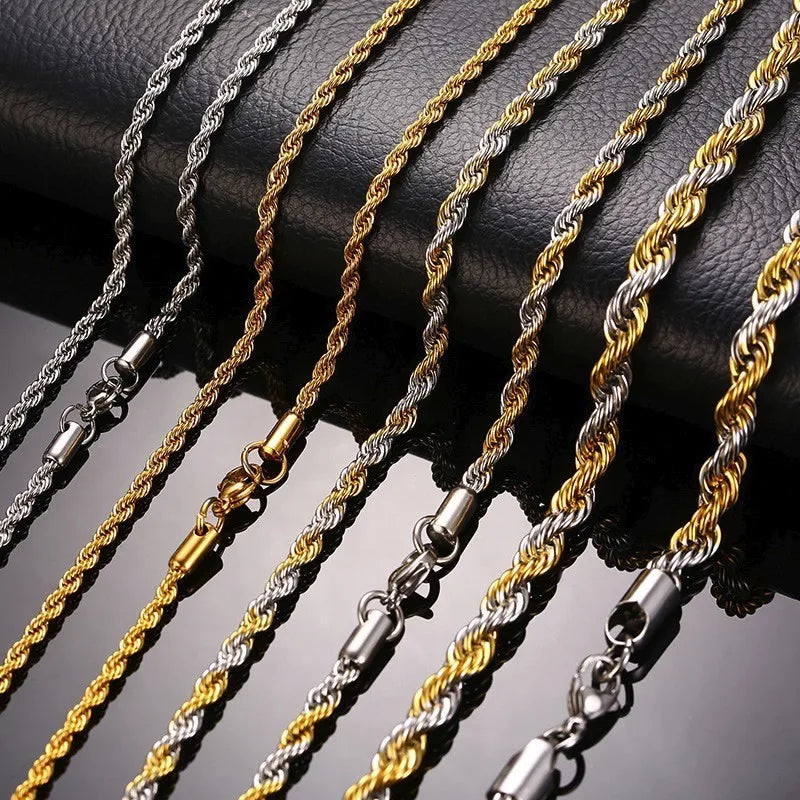 Stainless Steel Rope Chain Necklace | Gold Twisted Wave Link Choker detail view