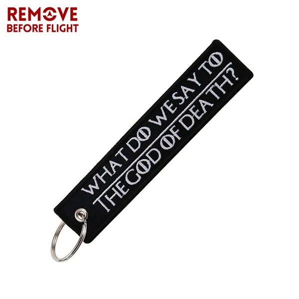 Motorcycle Keychain with Embroidery | Real Men Like Curves Keyring close-up view