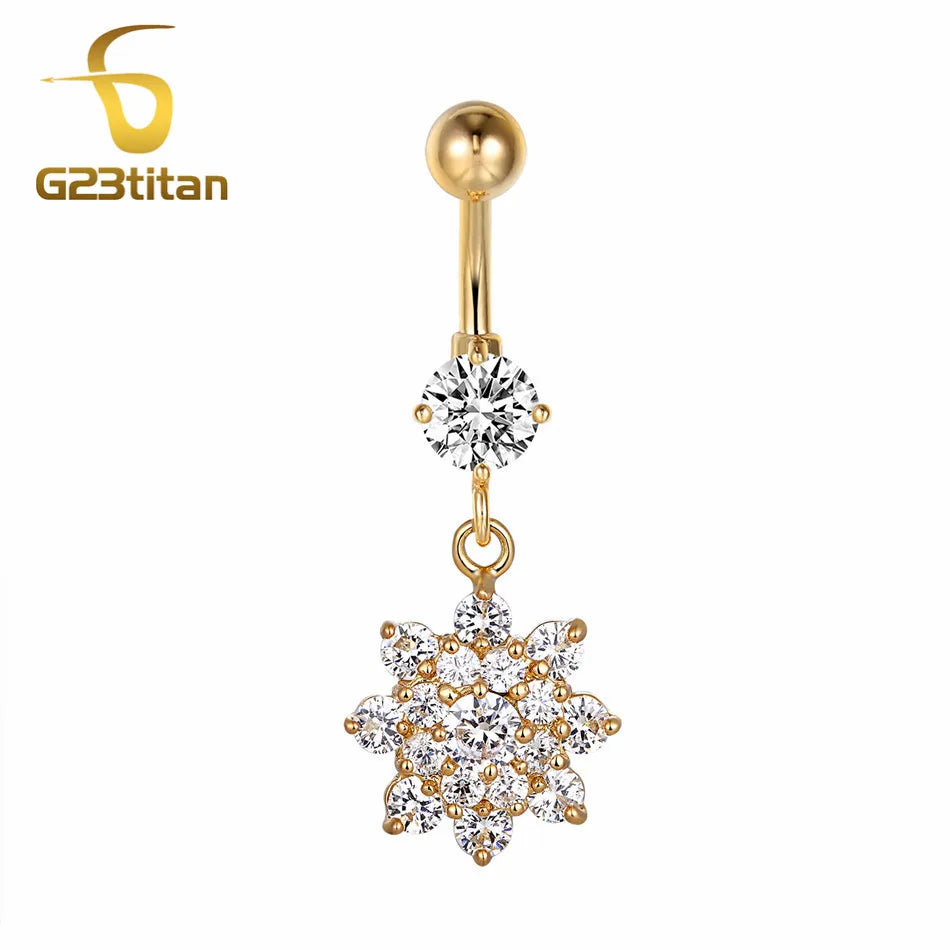 Gold Color Dangle Navel Earring for Women Zircon Pendant Belly Button Ring 14G Surgical detail view