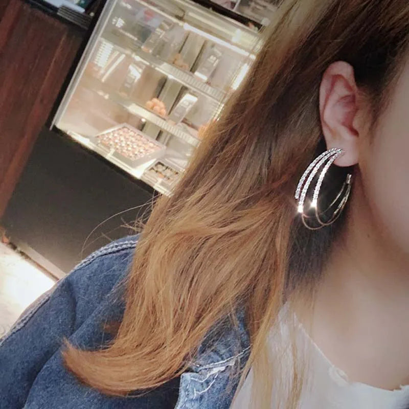Silver Needle Hoop Earrings for Women Jewelry Rose Gold Pated Alloy Statement Rhine additional angle