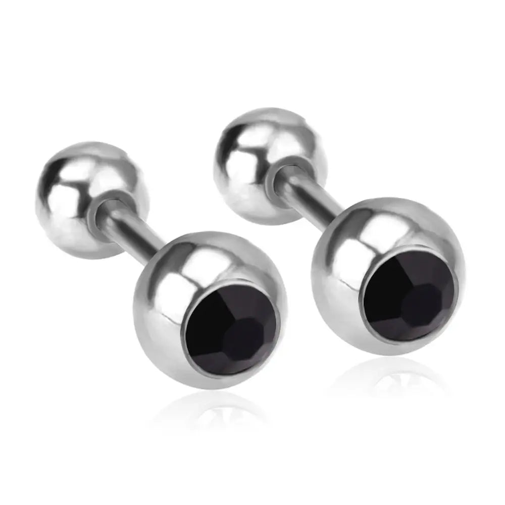 LUXUSTEEL White Black Crystal Earrings | Stainless Steel Round CZ Studs with Screw Bac close-up view