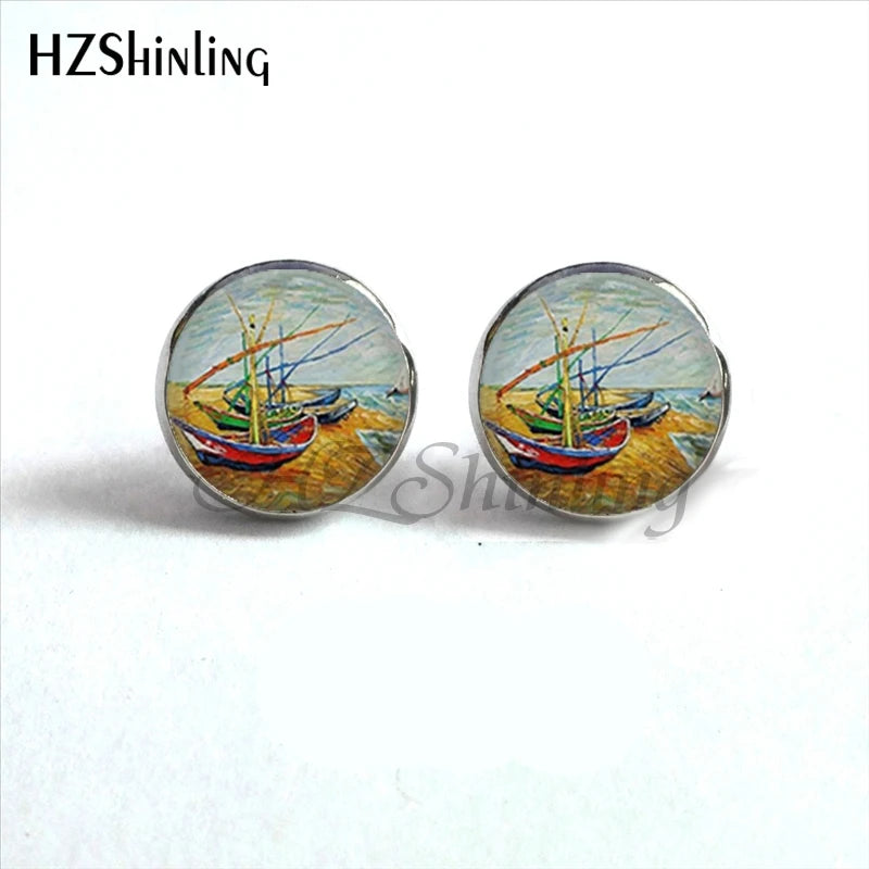 NES-001 Van Gogh Painting Stud Earrings The Starry Night Ear Studs Van Gogh Sunflowers close-up view