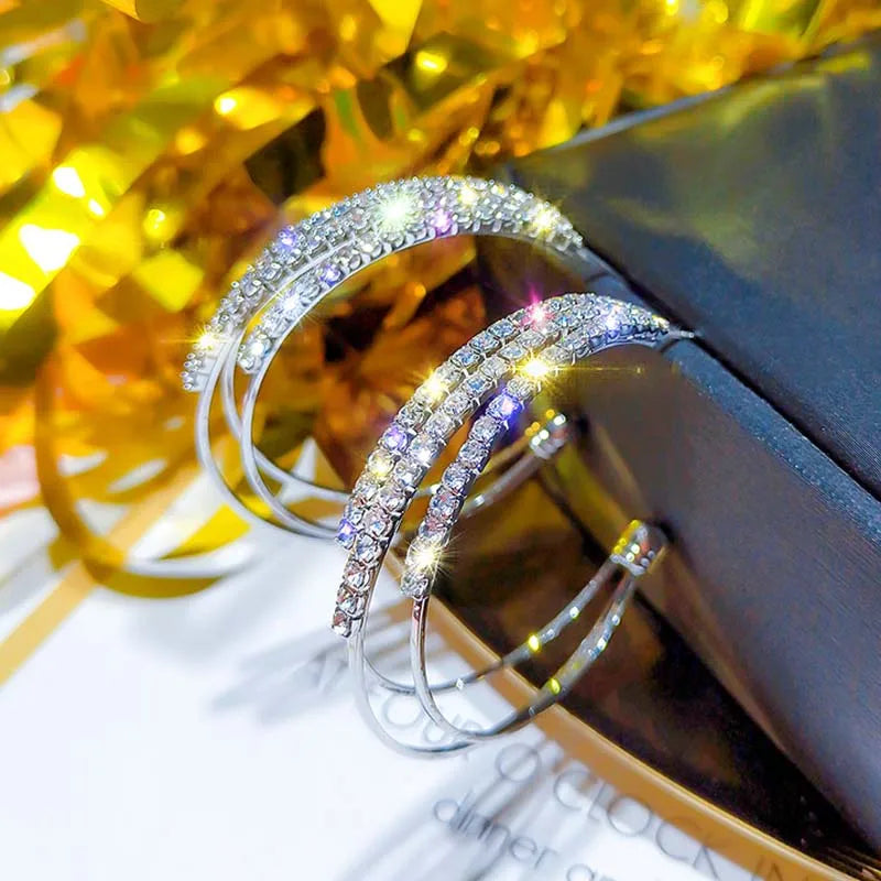 Silver Needle Hoop Earrings for Women Jewelry Rose Gold Pated Alloy Statement Rhinest lifestyle view