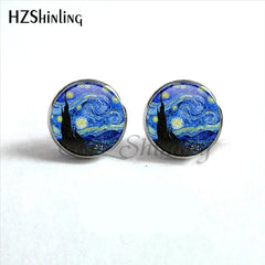 NES-001 Van Gogh Painting Stud Earrings The Starry Night Ear Studs Van Gogh Sunflowers close-up view