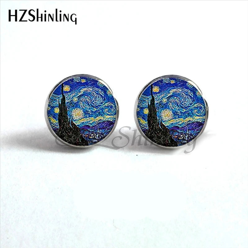 NES-001 Van Gogh Painting Stud Earrings The Starry Night Ear Studs Van Gogh Sunflowers R detail view